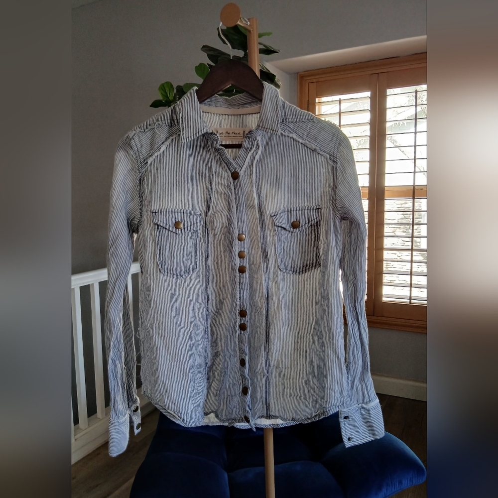 We the Free Stripe Long Sleeve Shirt in Blue-ish. Size S